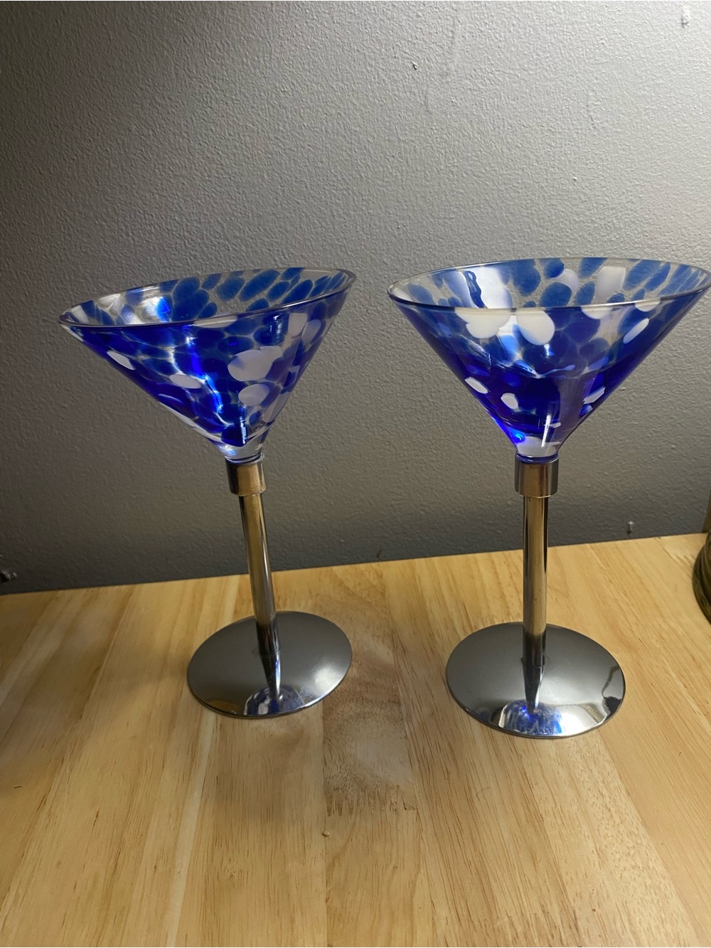Handblown Blue & White Spotted Martini Glasses  on metal pedestal - Set of 2